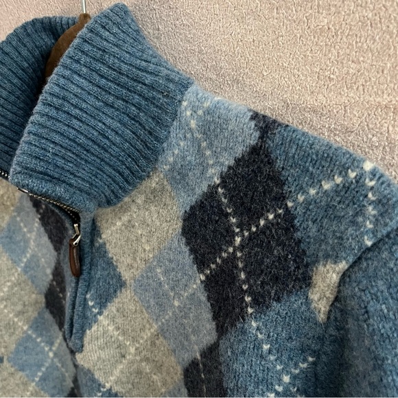 J. Crew 100% Lambs Wool Blue and Gray Argyle Plaid Quarter Zip Sweater Women’s M - Picture 7 of 11